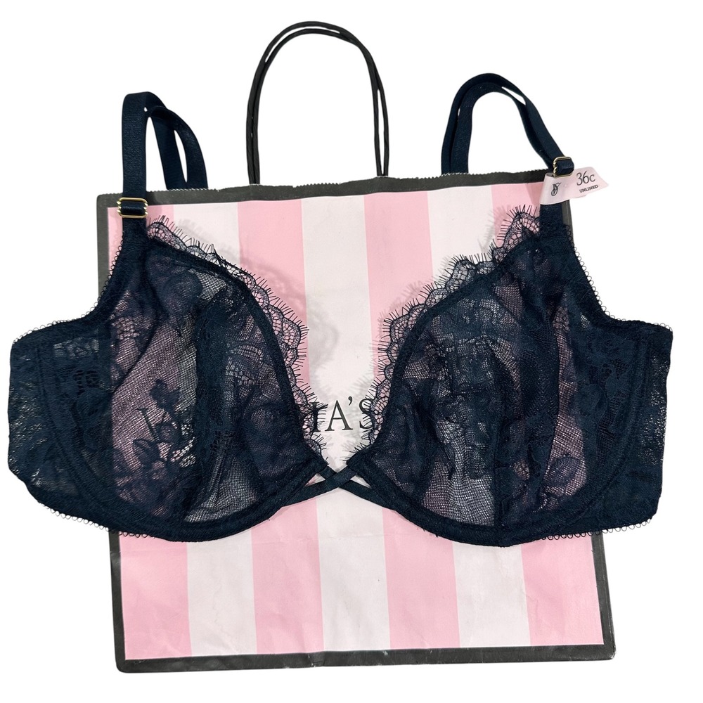 NWT Victoria's Secret Very Sexy Unlined Demi Bra Navy Blue Floral Lace 36C